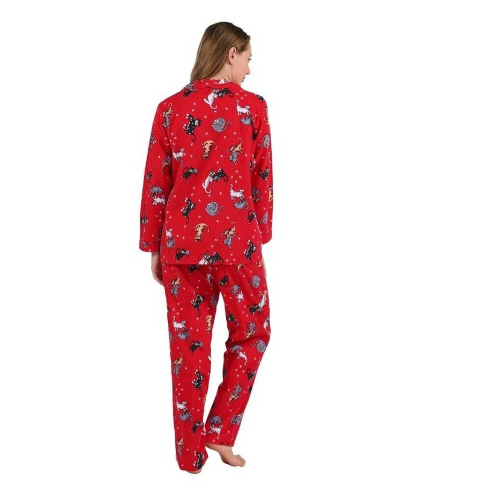 NEW LA CERA 100% COTTON FLANNEL PAJAMA SET CAT PRINT RED PLUS SIZE 1X KITTY PJS - Picture 2 of 15